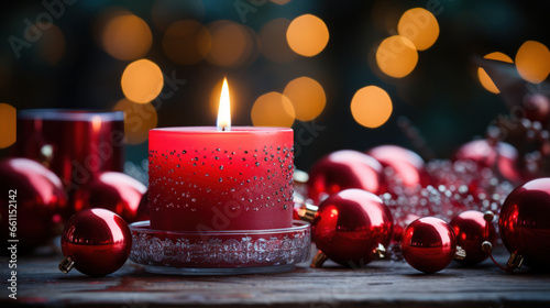 Festive Glow  Burning Red Candle Amidst Christmas Decorations. Generative AI