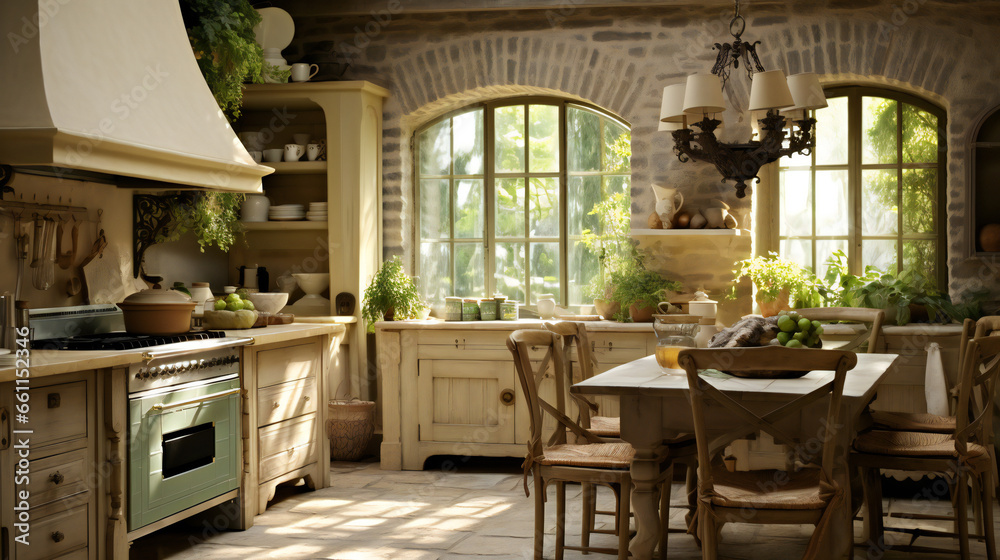 French Country Kitchen Design. Generative AI.