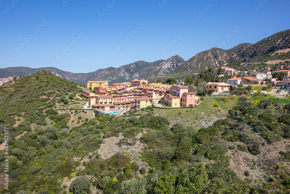 view of a beautiful and picturesque town Buggerru, located in Sardinia, Italy