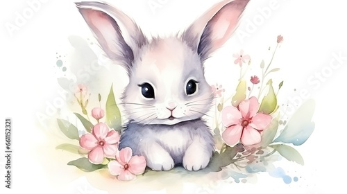 illustration watercolor drawing of a very cute rabbit or bunny with flowers in its paws on the lawn.
