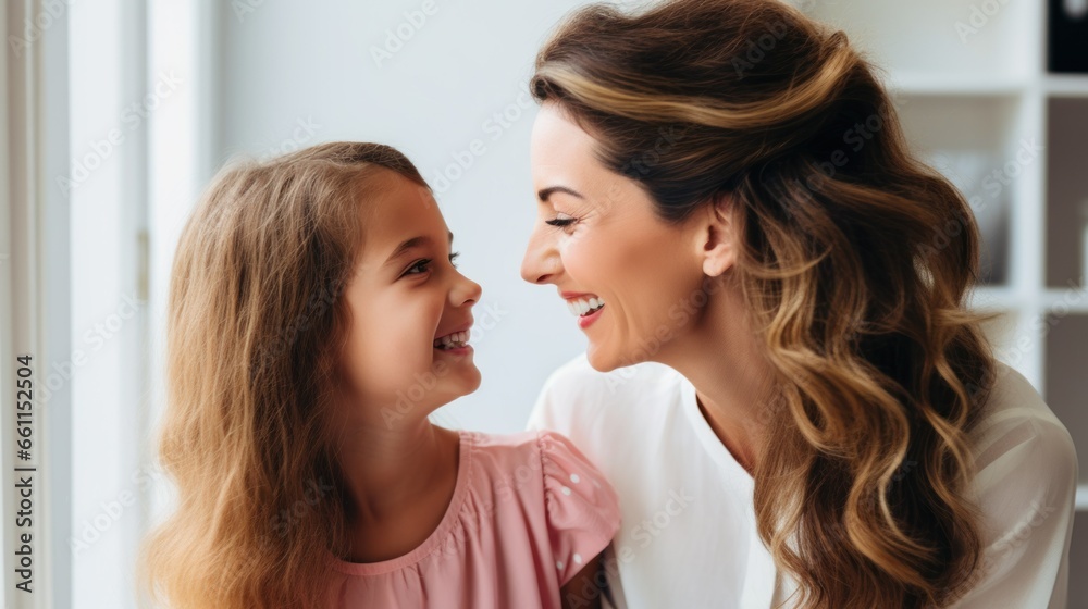Mother and little girl looking at each other and laughing Mother and little girl looking at each other and laughing