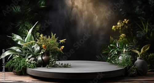 Abstract scene background. green tropical podium. Product presentation, mock up, show cosmetic product, Podium, stage pedestal or platform.