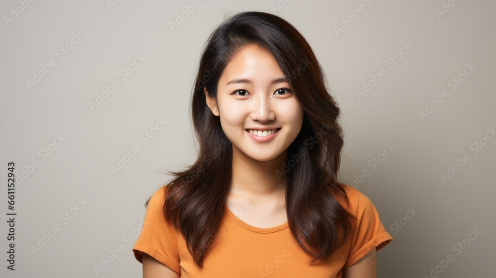 Young Asian woman posing in front of gray background Young Asian woman posing in front of gray background