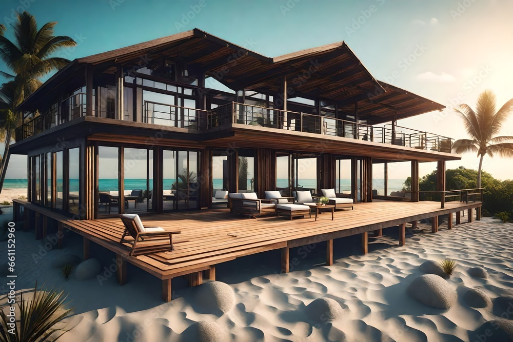 Beachfront bungalow with a wide deck overlooking the ocean - AI Generative