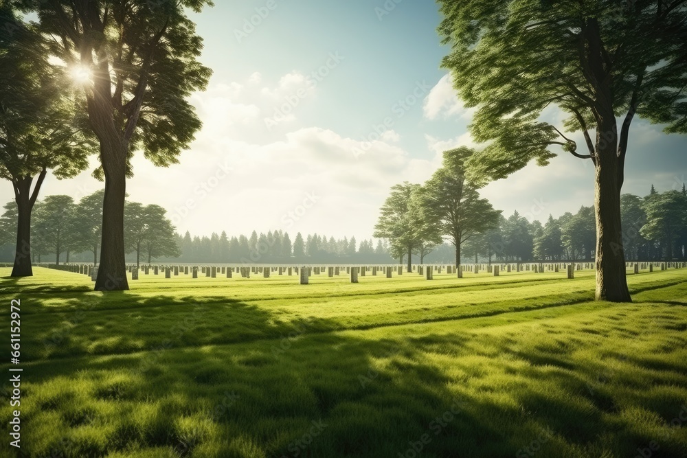 Obraz premium Big american military cemetery with perfect green grass. Generative Ai.