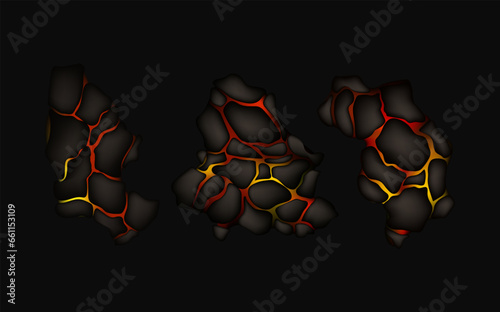 Stylized abstract background of volcano magma glow texture in cracking holes.Destroyed earth surface and flowing lava.Shine texture after an earthquake.
