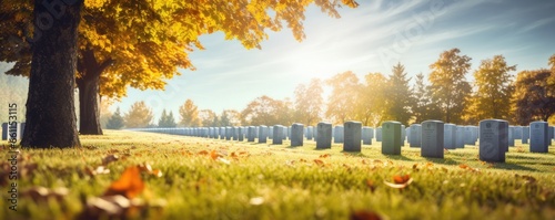 Big american military cemetery with perfect green grass, panorama. Generative Ai. © annamaria