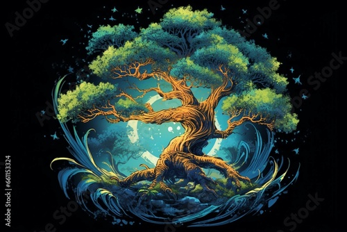 Illustration of a luminous tree symbolizing the continuity of life. Generative AI