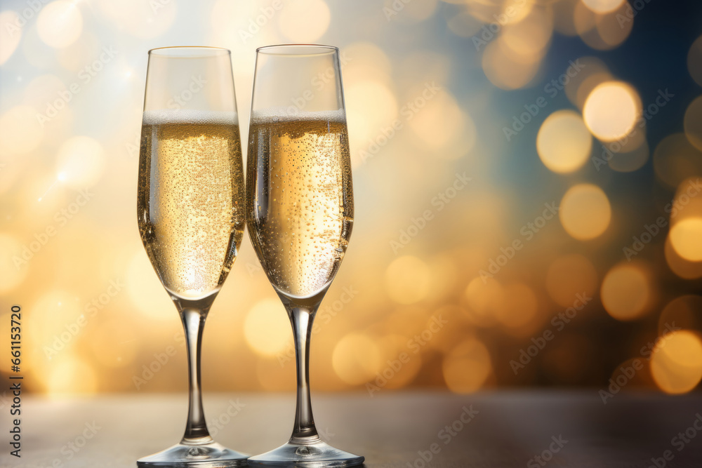 Two champagne glasses on light background. Generative AI Two champagne glasses on light background. Generative AI