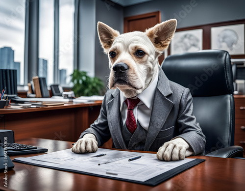 white dog looks like economist in office, generative ai