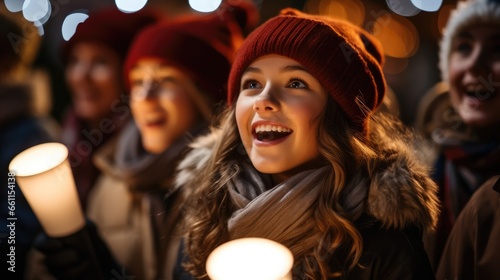 Carolers singing Christmas songs under the glow of city streetlights.