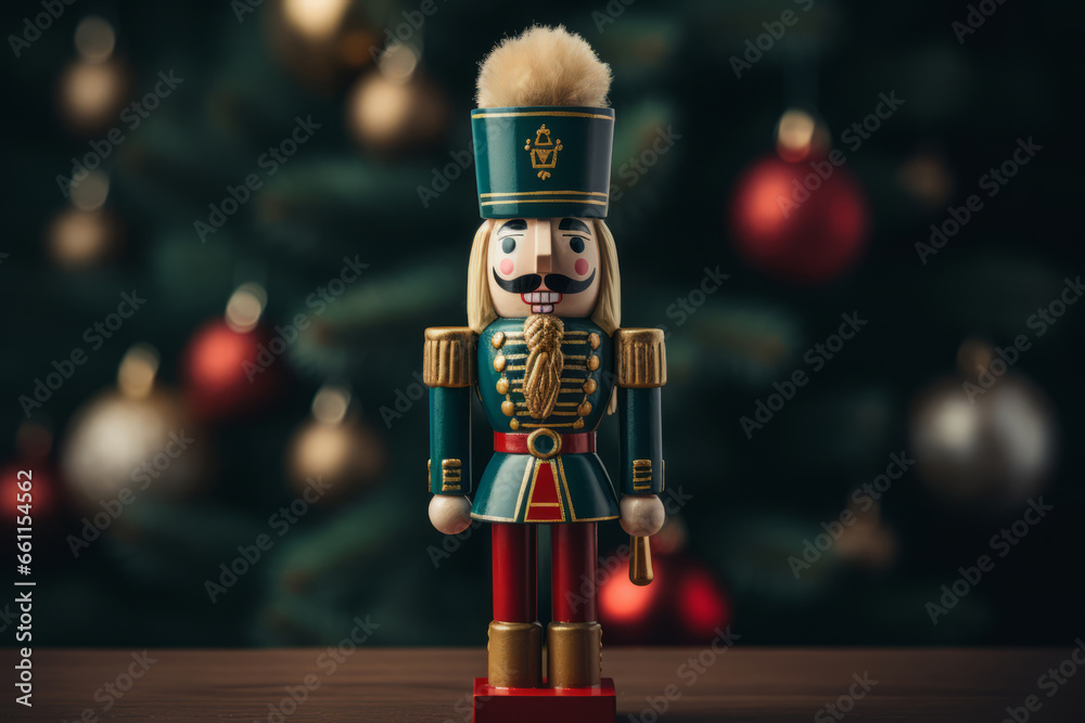 Festive nutcracker soldier with bokeh blurred background. Generative AI