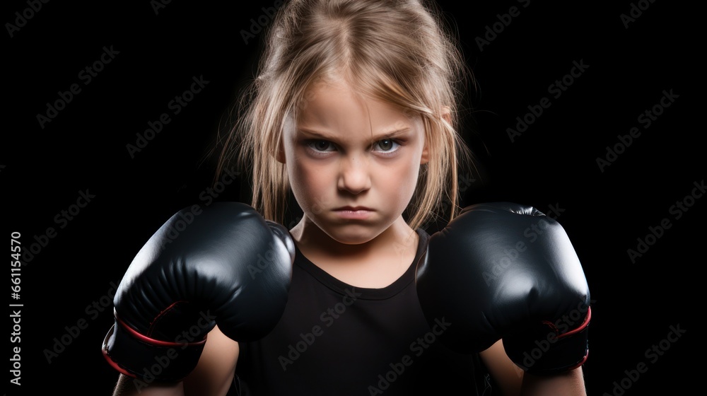 An angry girl with a black boxing glove on her face