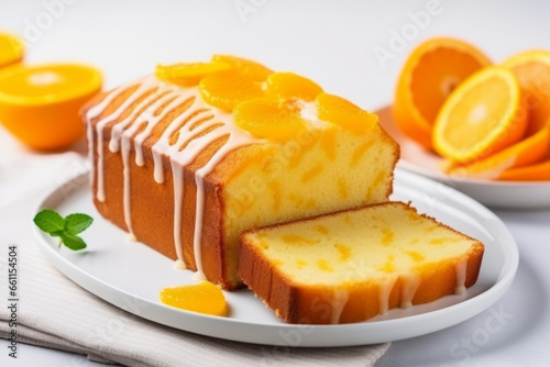 Orange homemade pound cake. Moist loaf with orange zest on bright background. Generative AI