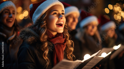 A heartwarming moment of carolers singing Christmas songs under the glow of streetlights in a suburban.
