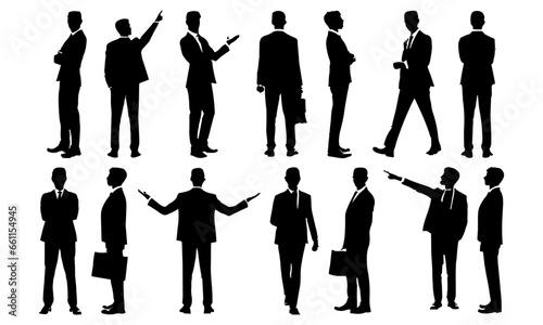 Modern businessman silhouette bundle, standing in different positions. Male employees wearing official dresses and standing. Anonymous male model silhouette collection on a white background.