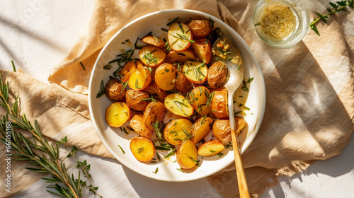 flat lay food photo centered bowl of Roasted Pot, generative ai