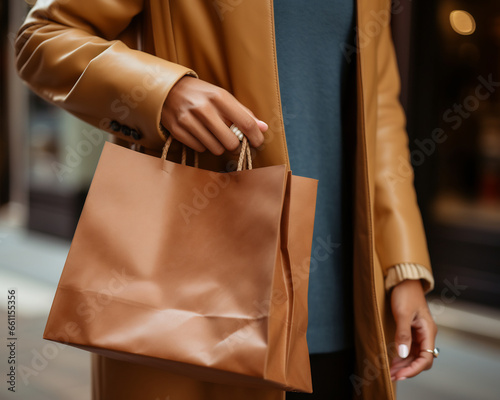 A woman holding a brown shopping bag