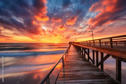 Beautiful sunrise  Atlantic ocean  fishing pier  Amelia Island, Florida. Generative AI © Oliver