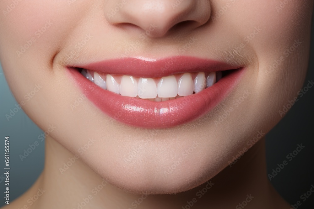 A woman's smile with perfect teeth, capturing the essence of perfection A woman's smile with perfect teeth, capturing the essence of perfection