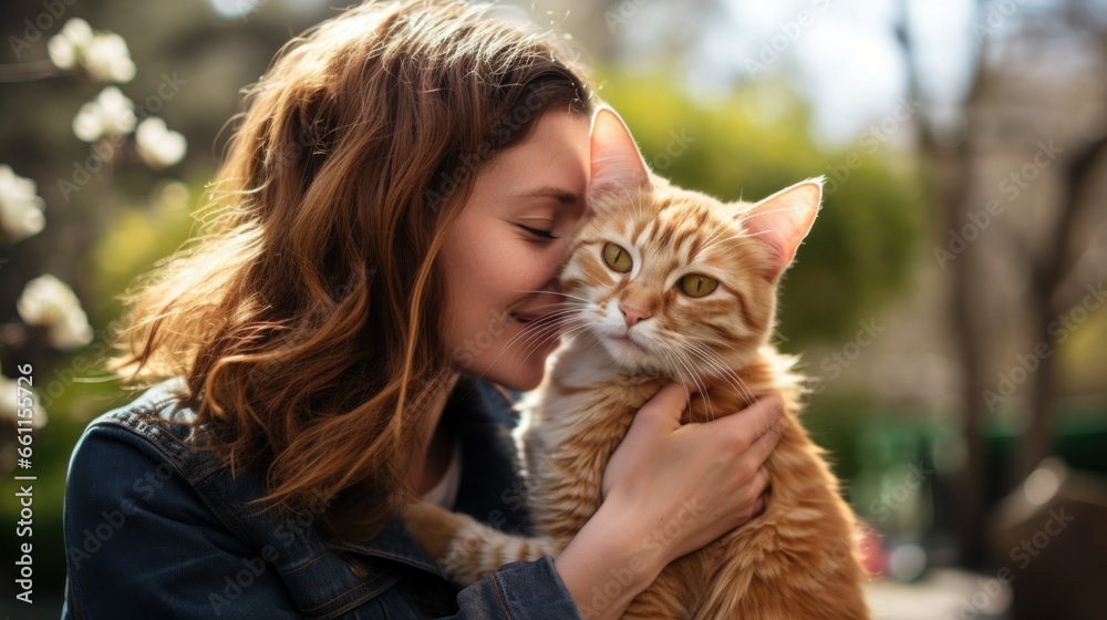 Young woman hugging her cat outside Young woman hugging her cat outside