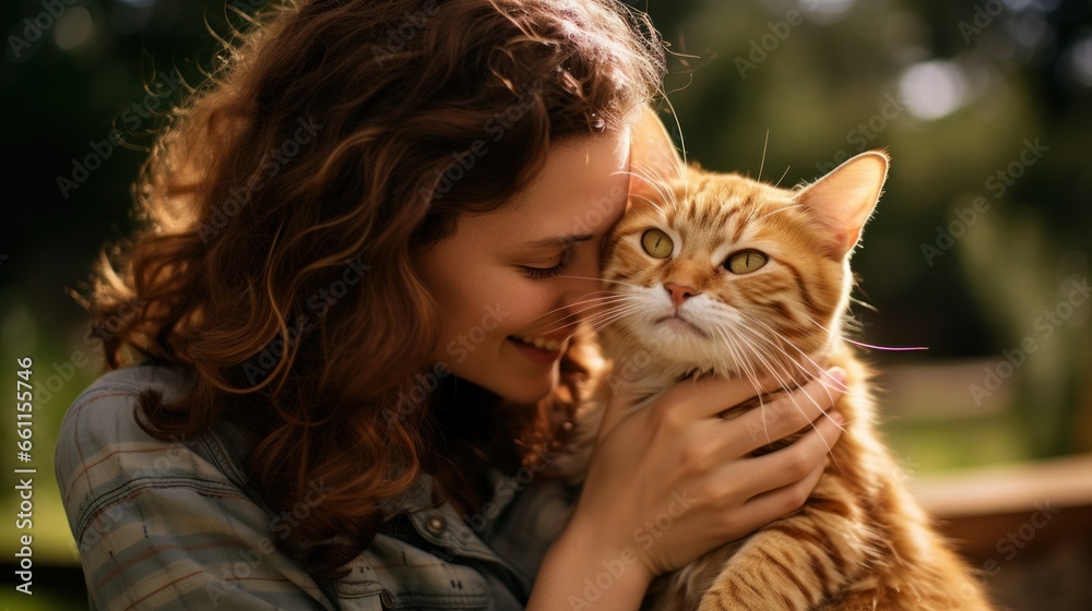 Young woman hugging her cat outside Young woman hugging her cat outside
