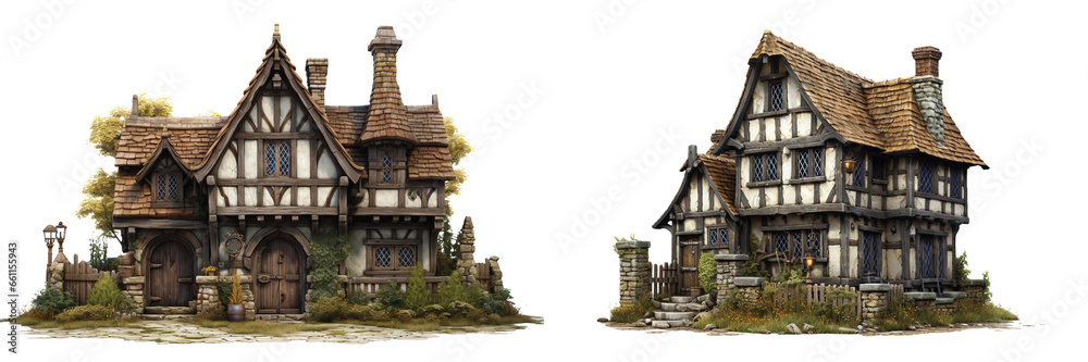 Time-Travel with Tudor Houses: Enchanting Set Isolated on a Transparent Canvas