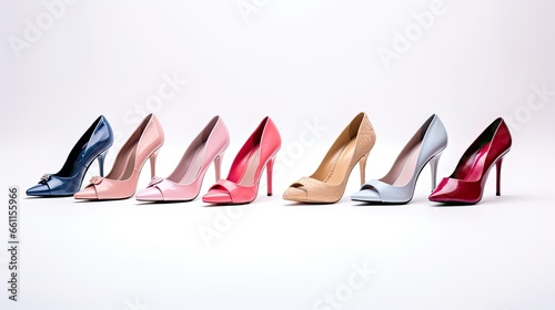 several women's high heel shoes in various sizes and designs, against a white background to evoke the idea of a diverse shoe collection.