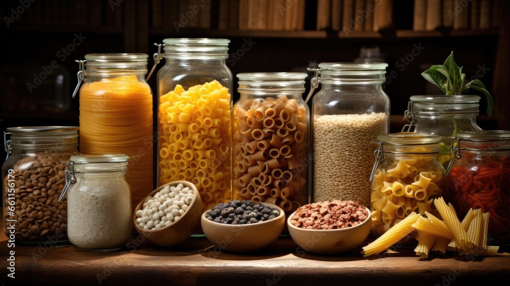 Mouthwatering visual: An array of kitchen staples, including raw cereals, pasta, and canned foods on a table, promoting nutritious meal planning and cooking at home Mouthwatering visual: An array of kitchen staples, including raw cereals, pasta, and canned foods on a table, promoting nutritious meal planning and cooking at home