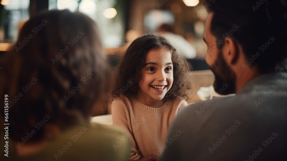 Little girl sitting across from her parents Little girl sitting across from her parents