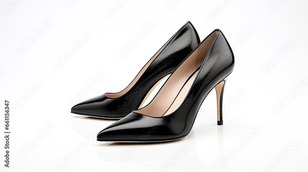 a pair of black leather high heel shoes with a timeless design, against a clean white background to emphasize their classic elegance. a pair of black leather high heel shoes with a timeless design, against a clean white background to emphasize their classic elegance.
