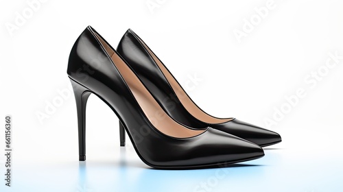 a pair of black leather high heel shoes with a timeless design, against a clean white background to emphasize their classic elegance.