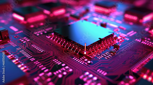 A futuristic circuit board with Raspberry Pi style components against a vibrant light background, symbolizing cutting-edge technology and innovation