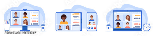Character works remotely at home and uses a laptop,phone, tablet and computer screen for video meetings with colleagues. Online discussion and business video conference concept. Vector illustration.