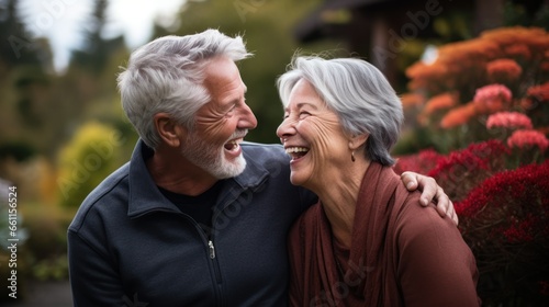 Elderly couple cuddled in nature spending happy and fun time