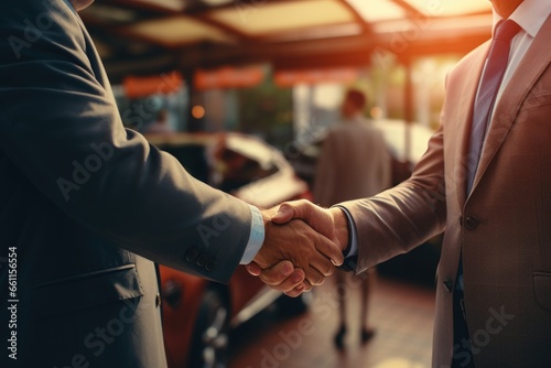 Business executives exchange greetings with a handshake