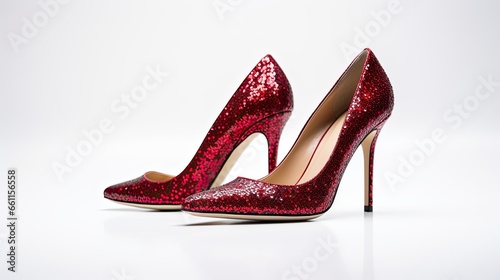 a pair of glamorous, sparkling high heel shoes, of those worn on the red carpet, against a pristine white background to convey luxury and style. photo