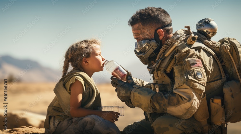 Captivating image: A little ethnic boy sips fresh water near a brave military man in a desert refugee camp. Capture the essence of humanitarian cooperation