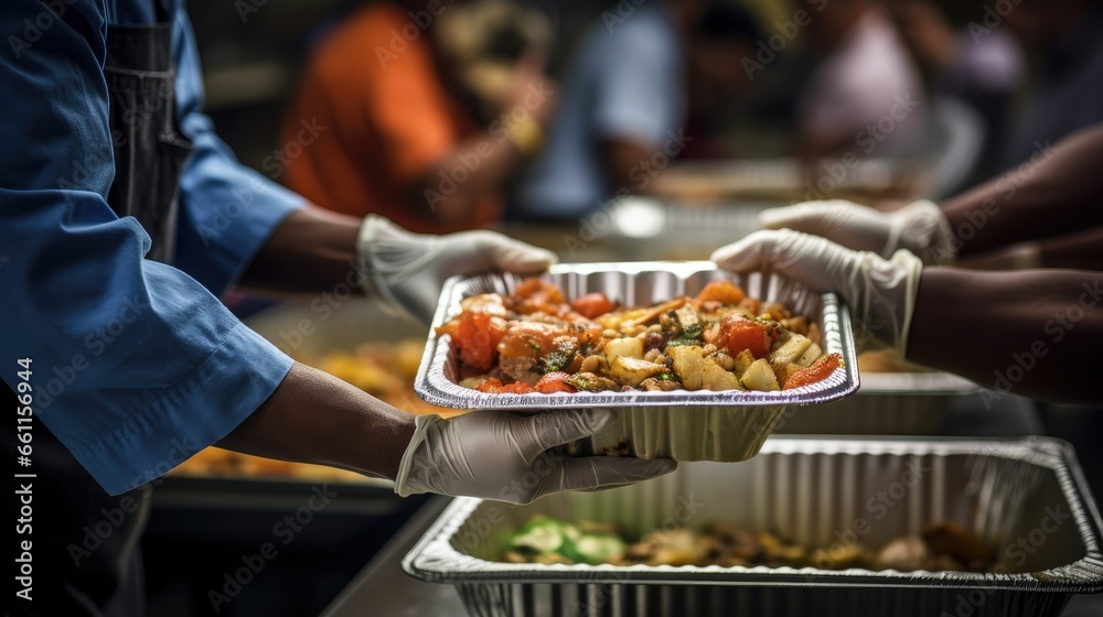 Heartwarming image: Volunteers distribute food to homeless individuals in need, addressing hunger and homelessness with compassion and action