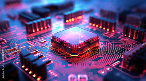 A futuristic circuit board with Raspberry Pi style components against a vibrant light background, symbolizing cutting-edge technology and innovation