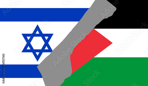 Flags of Israel and Palestine and Gaza map, conflict and war, vector illustration.
