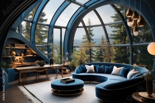 Deep blue living room in a round room.