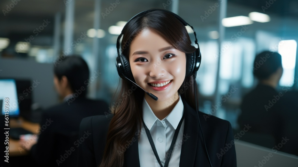 Asian young friendly call center worker wearing a headset and microphone Asian young friendly call center worker wearing a headset and microphone