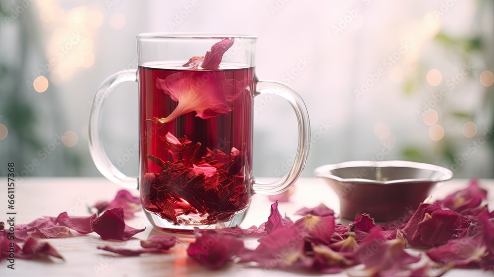 a glass cup filled with deep red Hibiscus tea, accompanied by a fresh hibiscus flower and a scattering of dried hibiscus petals on a pristine white surface, emphasizing the tea's vivid color a glass cup filled with deep red Hibiscus tea, accompanied by a fresh hibiscus flower and a scattering of dried hibiscus petals on a pristine white surface, emphasizing the tea's vivid color