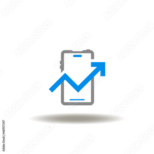 Vector illustration of smartphone with growth graph. Icon of keyword research. Symbol of mobile financial data analytics app.