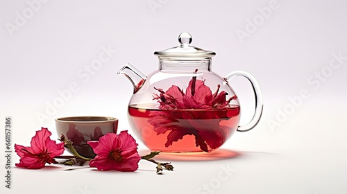 a glass cup filled with deep red Hibiscus tea, accompanied by a fresh hibiscus flower and a scattering of dried hibiscus petals on a pristine white surface, emphasizing the tea's vivid color photo