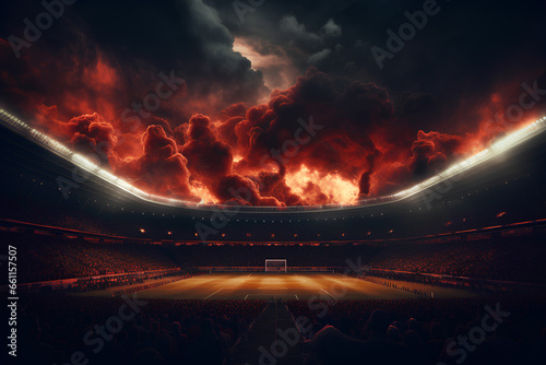 Scary dramatic red clouds hanging over the stadium. Spectators watching the game on the field at night.