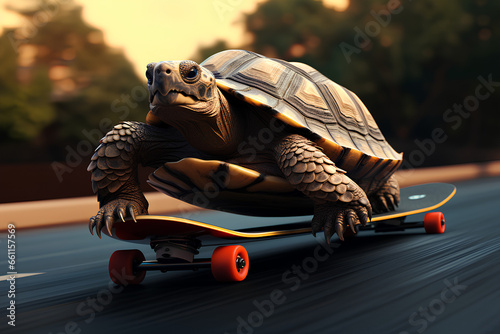 A tortoise riding on a skateboard. Strategy and performance concept