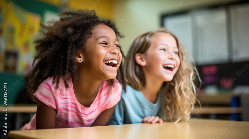 African American and Caucasian little girls having fun in the classroom