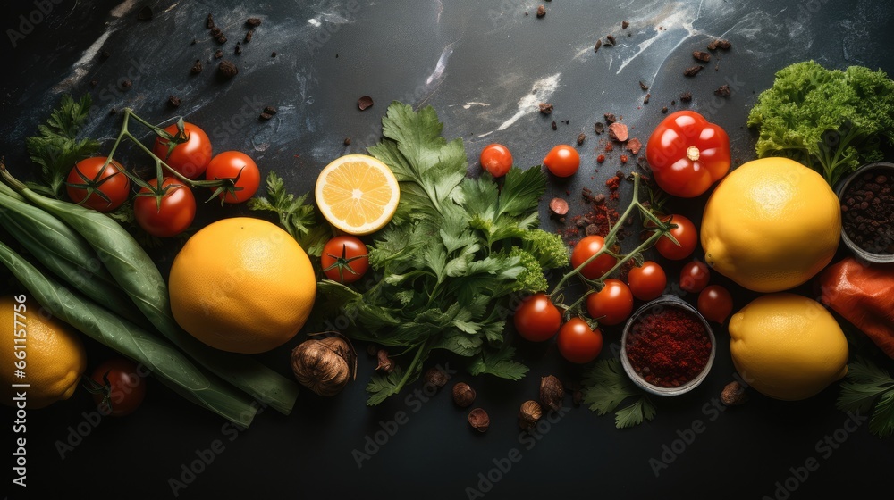 Healthy food cooking ingredients background with fresh vegetables, herbs, Spices and olive oil on marble table, Top view. - obrazy, fototapety, plakaty 